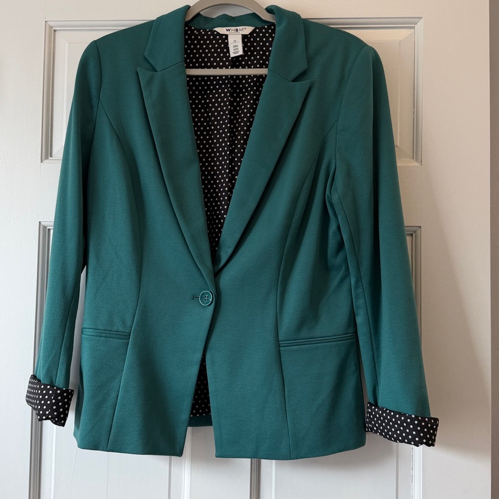 White House Black Market Emerald Green Blazer with Polka Dot Lining size 12